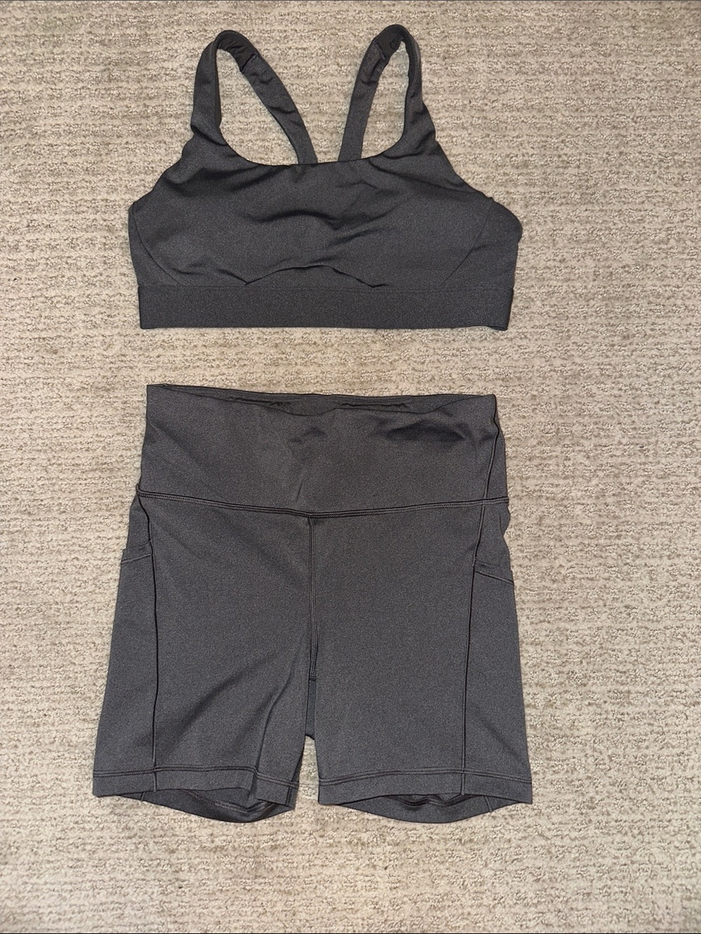 Athleta Workout Bra and High-Waist 5” Biker Shorts Set - grey